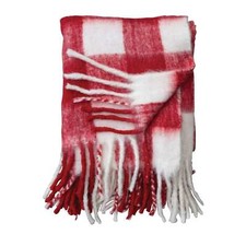 Red White Plaid Woven Acrylic Throw with Fringe