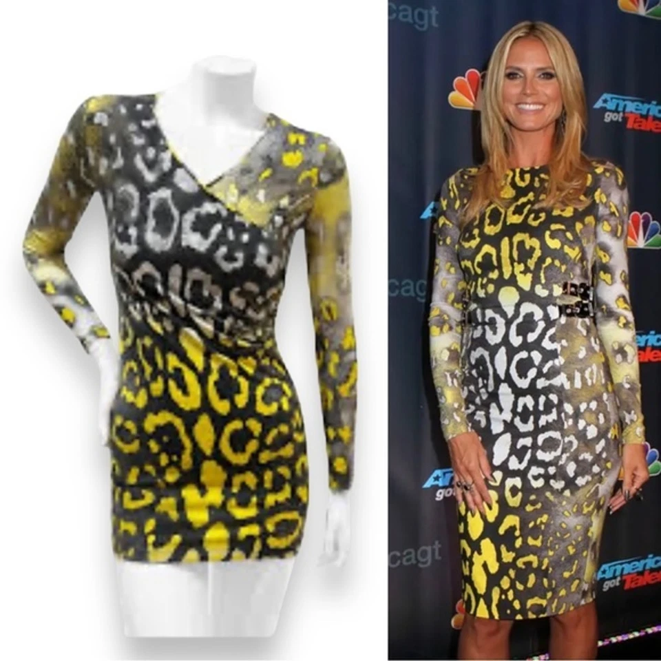 $1545 VERSACE Amarillo Plata Animal Manga Larga Imitación Envoltura Mini Vestido XS Mobwife Foto 2 de 4