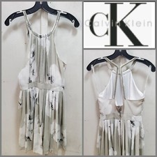 👗Calvin Klein Gray Multi Floral Pleated Chain Halter Open Back Dress ~ 4 M3020