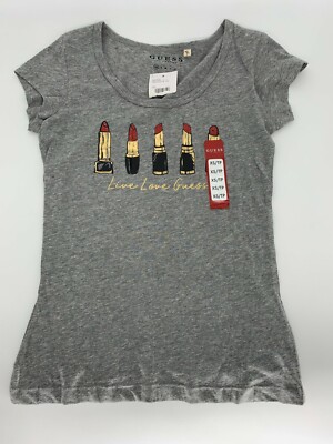 Guess Girls Scoop Neck Graphic Live Love Guess Lipstick Gray Tee Size XS