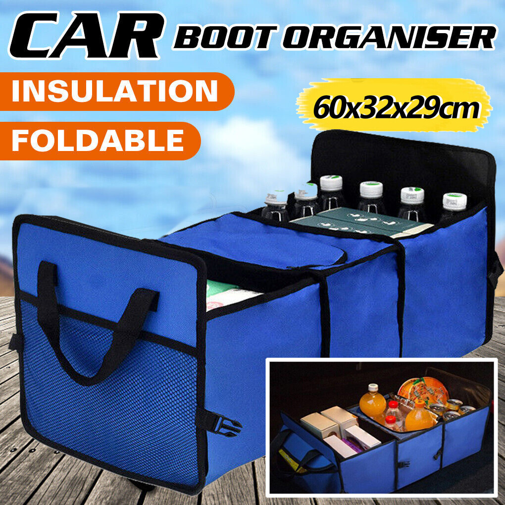 Collapsible 55L Car Trunk Organizer with Cooler Storage Net and Folding Box