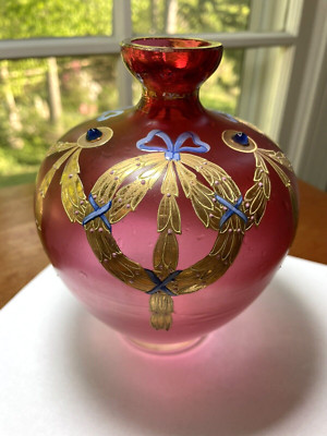 MOSER Antique BOHEMIAN Vase Pink Enameled w/ Gold and Jewels AUSTRIAN