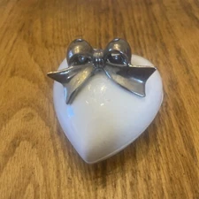 Vtg KPM Porcelain Heart Trinket Box With Silver Bow Hand Painted Stamped KPM