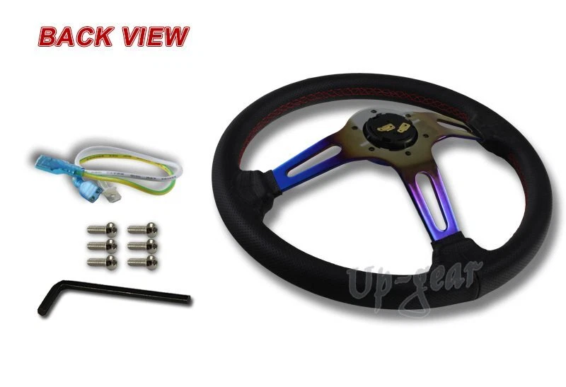 Volante de carreras de 3 radios azul titanio rojo cosido cuero negro 350 mm Foto 3 de 3