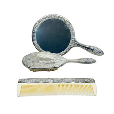 Godinger Victorian Style Silver Plated Mirror, Brush Comb Set - 1992