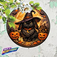 Black Cat Witch Hat Halloween Metal Tin Sign Charming Spooky Wall Art 8x12