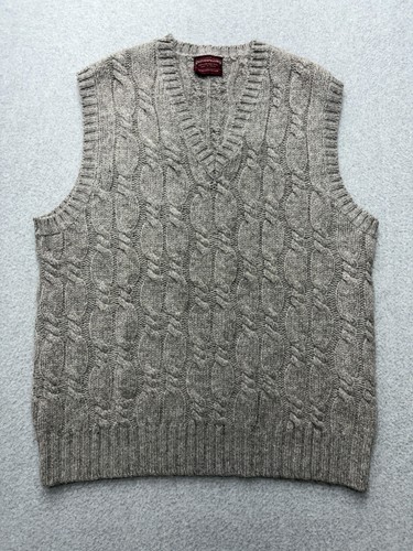 Chaps Ralph Lauren Pullover Weste Herren Large grau Shetland Wolle Zopfmuster V-Ausschnitt