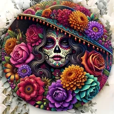 Purple Floral Skull Wreath Round Aluminum Art 8x8 Inch