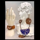 Boho Statement Jewelry Set Blue Ceramic Necklace Wood Earrings Bracelet Brooch