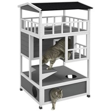 Wooden Outdoor Cat House with Asphalt Roof, Light Gray