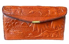 VTG Tooled Leather Wallet Western Clutch Brown Bifold Snap Closure Scenic Design