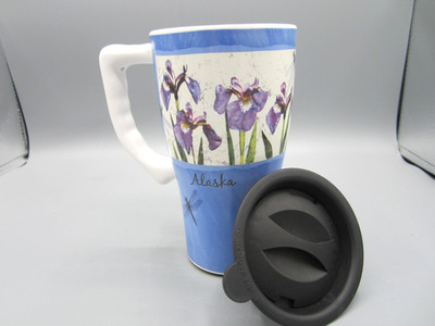Artic Circle, Blue White Purple Iris ''Alaska'' with Lid  Travel Mug 17 oz (357)