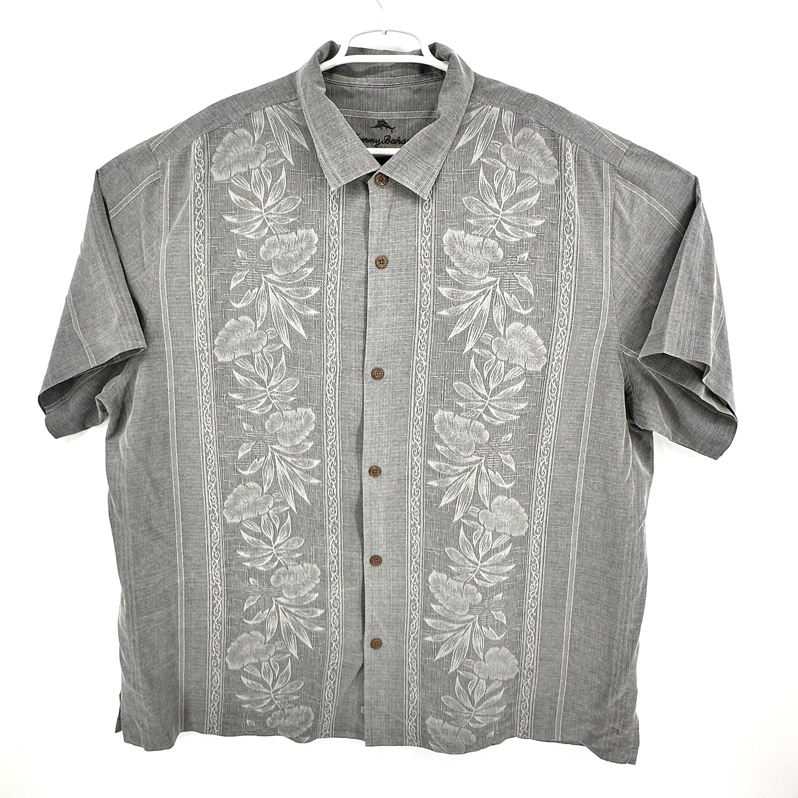 Tommy Bahama Hawaiian Shirt Mens 3XL Gray Floral Embroidered Silk Tropical Aloha