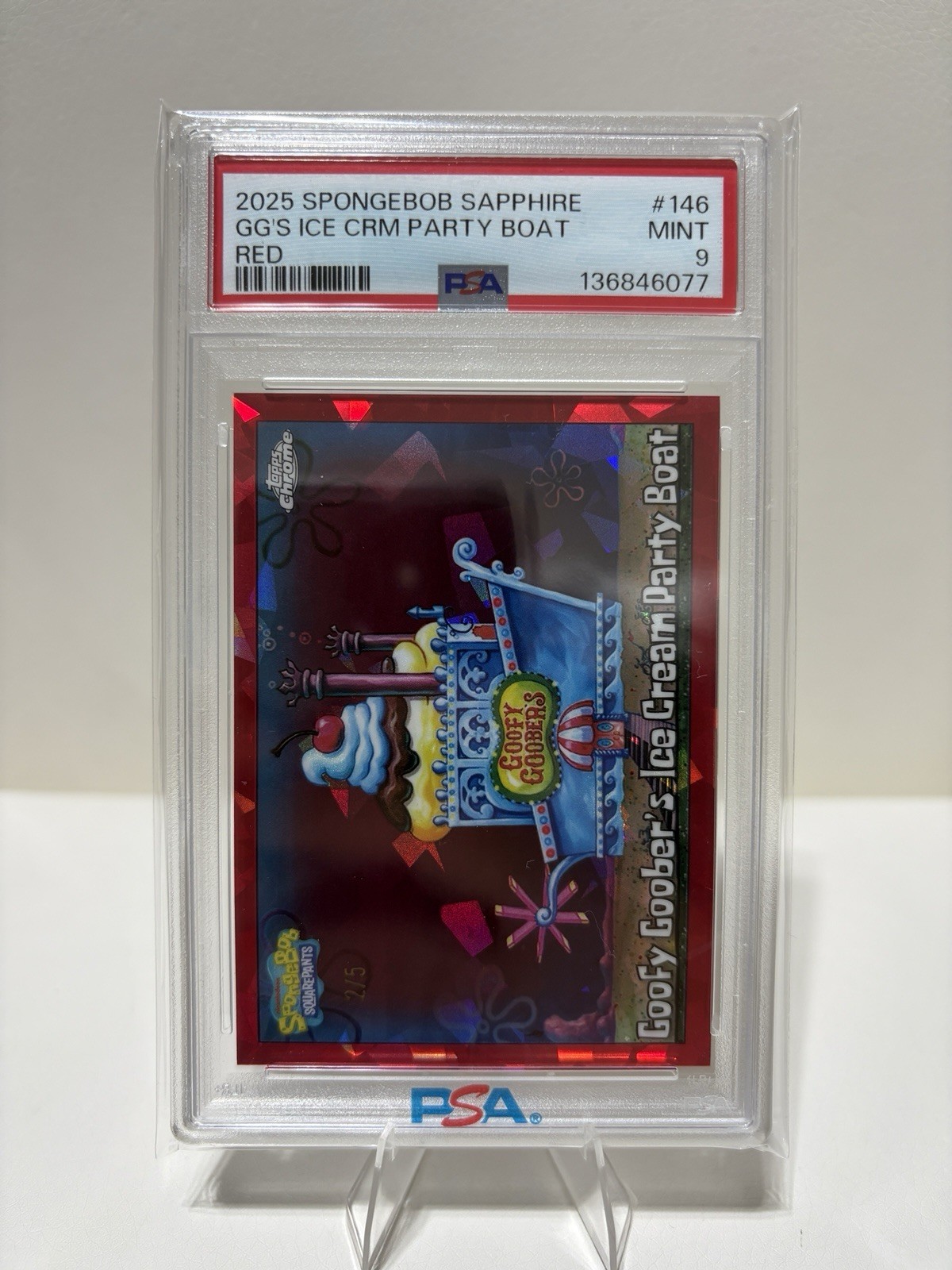 2025 Topps Chrome SpongeBob Sapphire Goofy Goobers Ice Cream Party Boat /5 PSA 9 view 2
