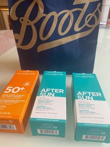 CLARINS SPF 50+ Krem przeciwsłoneczny chroniący młodzież x 1, CLARINS AFTER SUN x 2 Sugerowana cena detaliczna 80 £+