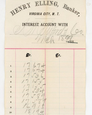 1880s Henry Elling Banker Virginia City Montana Territory Interest Account page