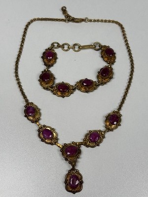 VTG Stauer Palio Red Ruby Gold Tone Necklace & Bracelet Set Renaissance Style