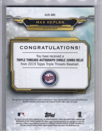 2019 Topps Triple Threads #AUJR-MKE Max Kepler AutographJumbo Relics - Picture 2 of 2