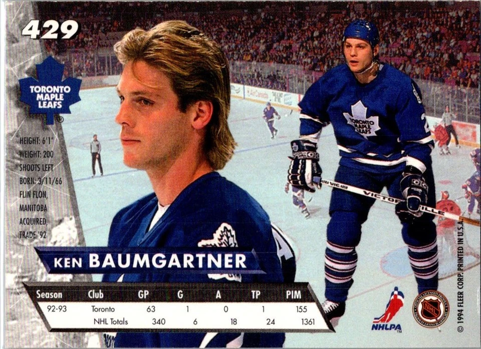 1994-95 Fleer Ultra Ken Baumgartner Toronto Maple Leafs #429 - Image 2 of 2