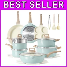 Blue Ceramic Pots and Pans Set, 21-Piece Non-Toxic Cookware