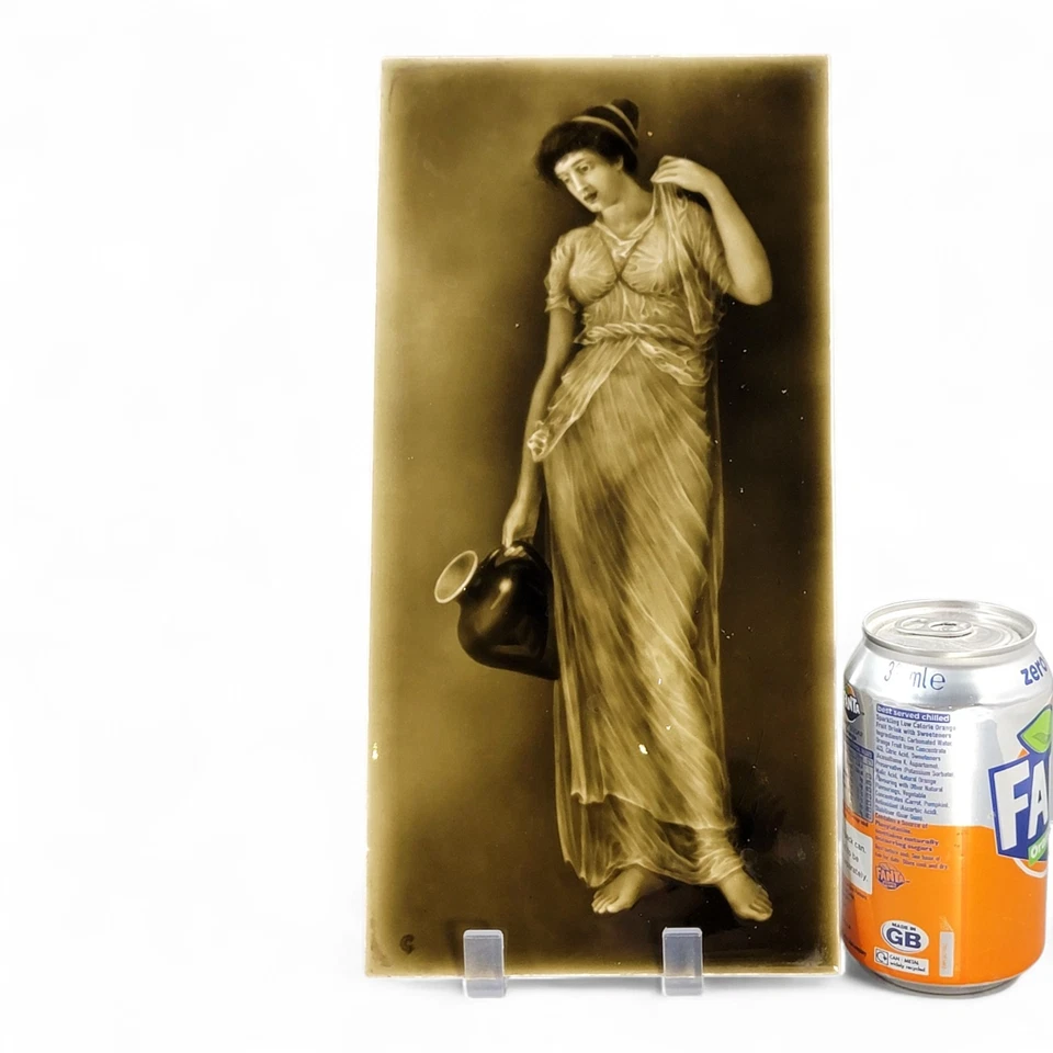 Art Nouveau Sherwin & Cotton Victorian tile “Lady with Ewer” c1890 mustard glaze - Image 4 of 4