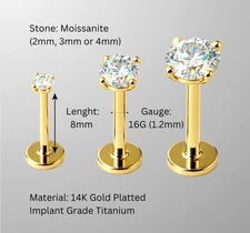 Moissanite Labret Stud Dainty Titanium Piercing Jewelry, 16G Threadless