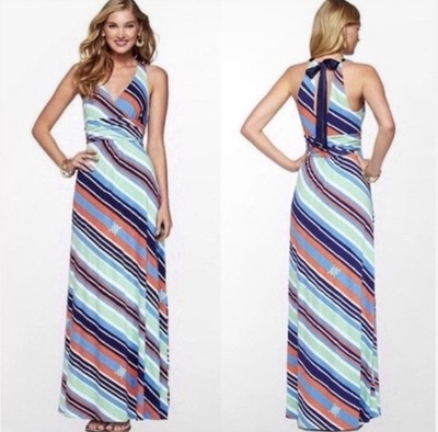 Lilly Pulitzer Amanda Multicolor Striped Knit Nautical Halter Maxi Dress Size M