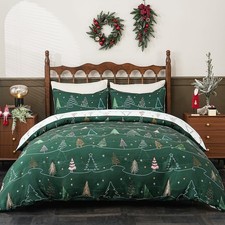 3 Piece Christmas Duvet Cover Set Queen Xmas Tree Printed Holiday Bedding wit...