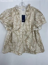 Crown & Ivy Tan White Palm Tree Flutter Sleeve Ruffle Collar Blouse 1X NWT