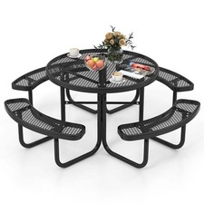 Outdoor Round Picnic Table and Bench Set for 8-Black