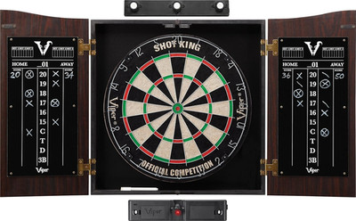 Vault Cabinet & Shot King Sisal/Bristle Dartboard Ready-To-Play Bundle with Two