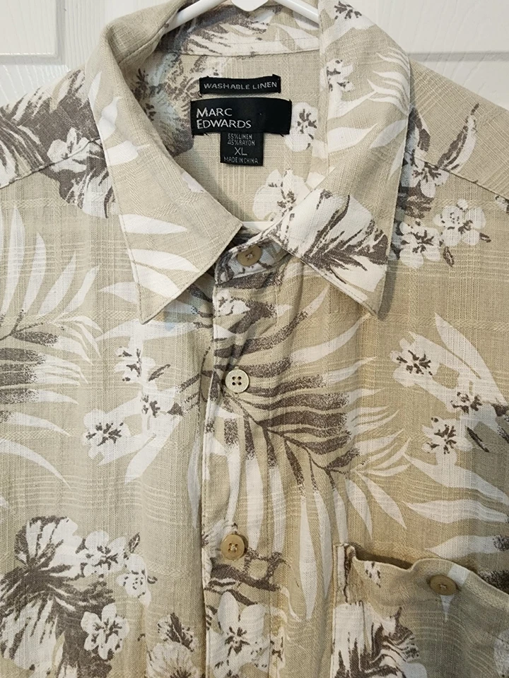 Marc Edwards Men’s XL Hawaiian Aloha Shirt Beige Linen Short Sleeve Vintage - Image 2 of 4