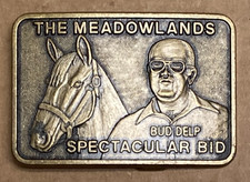 VTG 70s Belt Buckle MEADOWLANDS BUD DELP SPECTACULAR BID