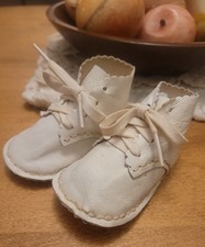 Vintage White Leather Baby Shoes. Scalloped Edge, Approximately 4". Precious 