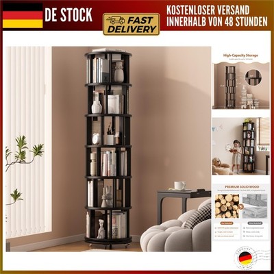 Rotating Bookcase, 6tier Solid Wood, Standing Shelf, 360 Degree, (Black Wood)