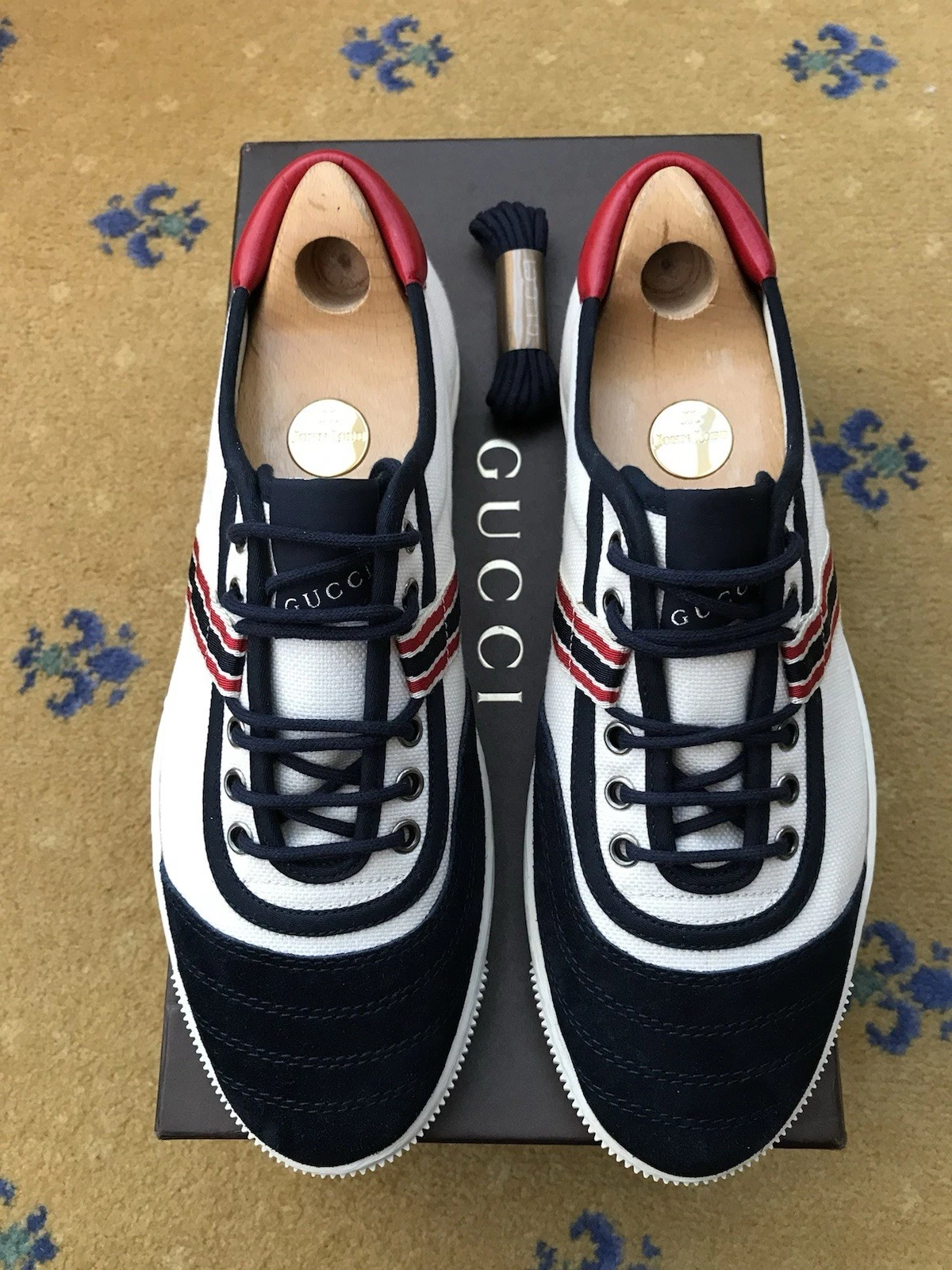 Gucci Baskets Baskets Chaussures Bleu Rouge Blanc Toile Daim Homme UK 9 US 10 43 NEUF
