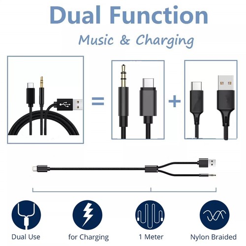 USB C Aux Cable in Car + Charging Cable For iPhone 16 15 Android Samsung S24 S23 - Picture 3 of 13