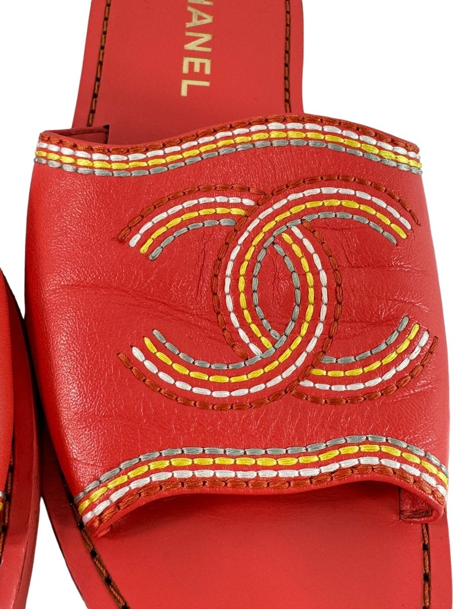 CHANEL Orange Leather Interlocking CC Stitching Women's
