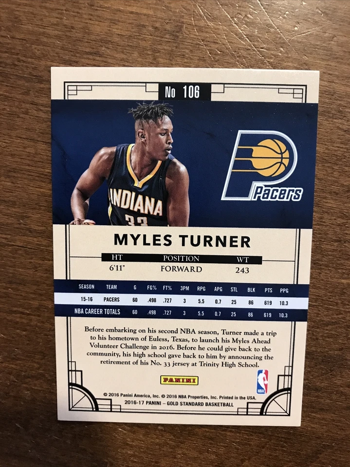 Myles Turner 2016-17 Panini Gold Standard #106 Indiana Pacers Bucks Texas /269 - Image 2 of 2
