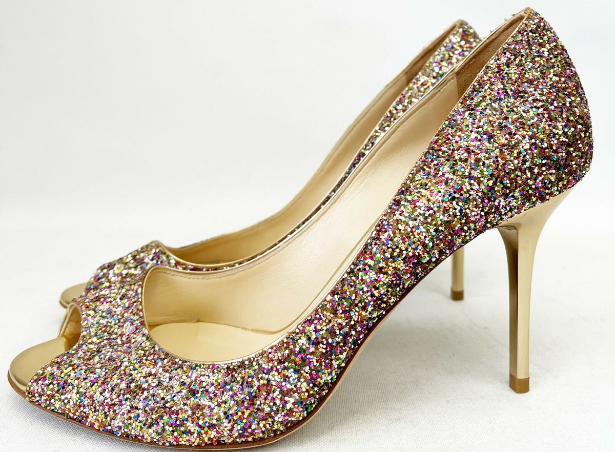 JIMMY CHOO Evelyn Pumps Multicolor Glitter Peep Toe 38 8