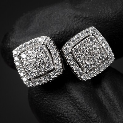 White Gold 925 Sterling Silver Square Hip Hop 3D Cube Cluster Stud Earrings