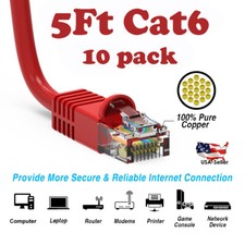 5Ft CAT6 Ethernet Cable Lan Network CAT6 Internet Modem RJ45 Patch Cord Red