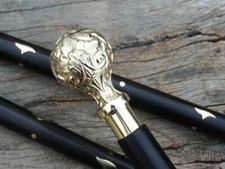 Vintage Wooden Cane   Victorian Round Brass Handle Walking Stick for Men  Women