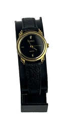 KORAL Women's GOLD TONE Diamond Accent BLACK Dial Black Leather Band New Battery