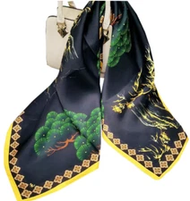 100% Silk 34“ large Square Scarf Women Shawl Wrap floral green yellow