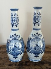 Antique DELFT earthenware vases blue and white MILLS decor. La Paire .
