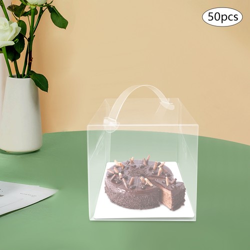 50 Pcs Clear Cake Boxes Plastic Cake Carrier with Lid and Handle 13*13*13cm New - Picture 3 of 16