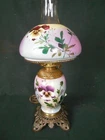 ANTIQUE VICTORIAN HAND PAINTED MILK GLASS OIL LAMP WITH MATCHING SHADE