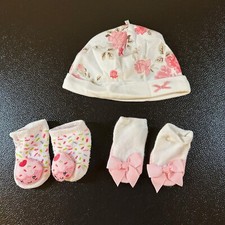 Baby Hat and Socks Set Floral Print Bows Newborn Infant Girl Cute size 6M