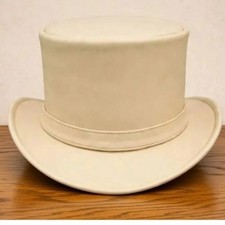Off White Leather Top Hat Steampunk Victorian Western Costume Hat Unisex Cosplay
